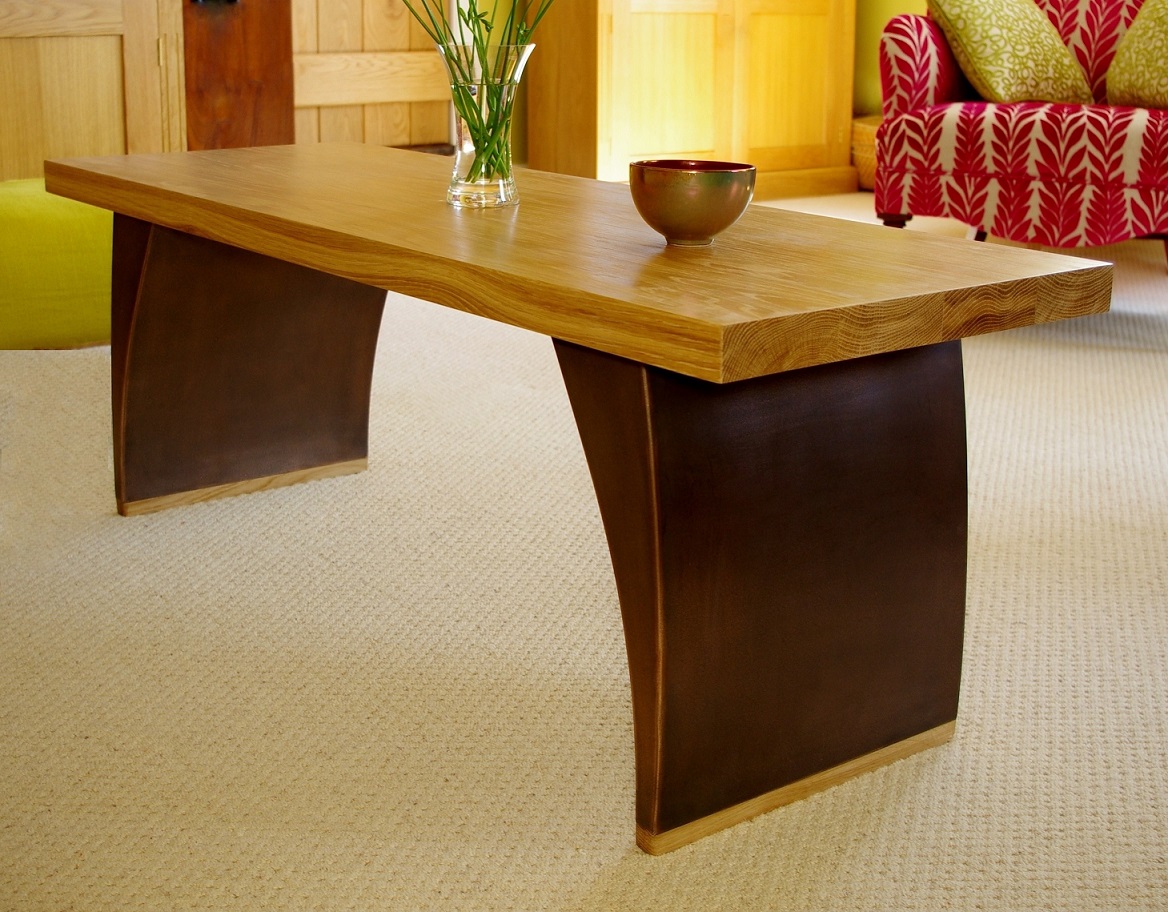 Wood Coffee Table Bronze Finish Solid Oak Top - Chris Bose